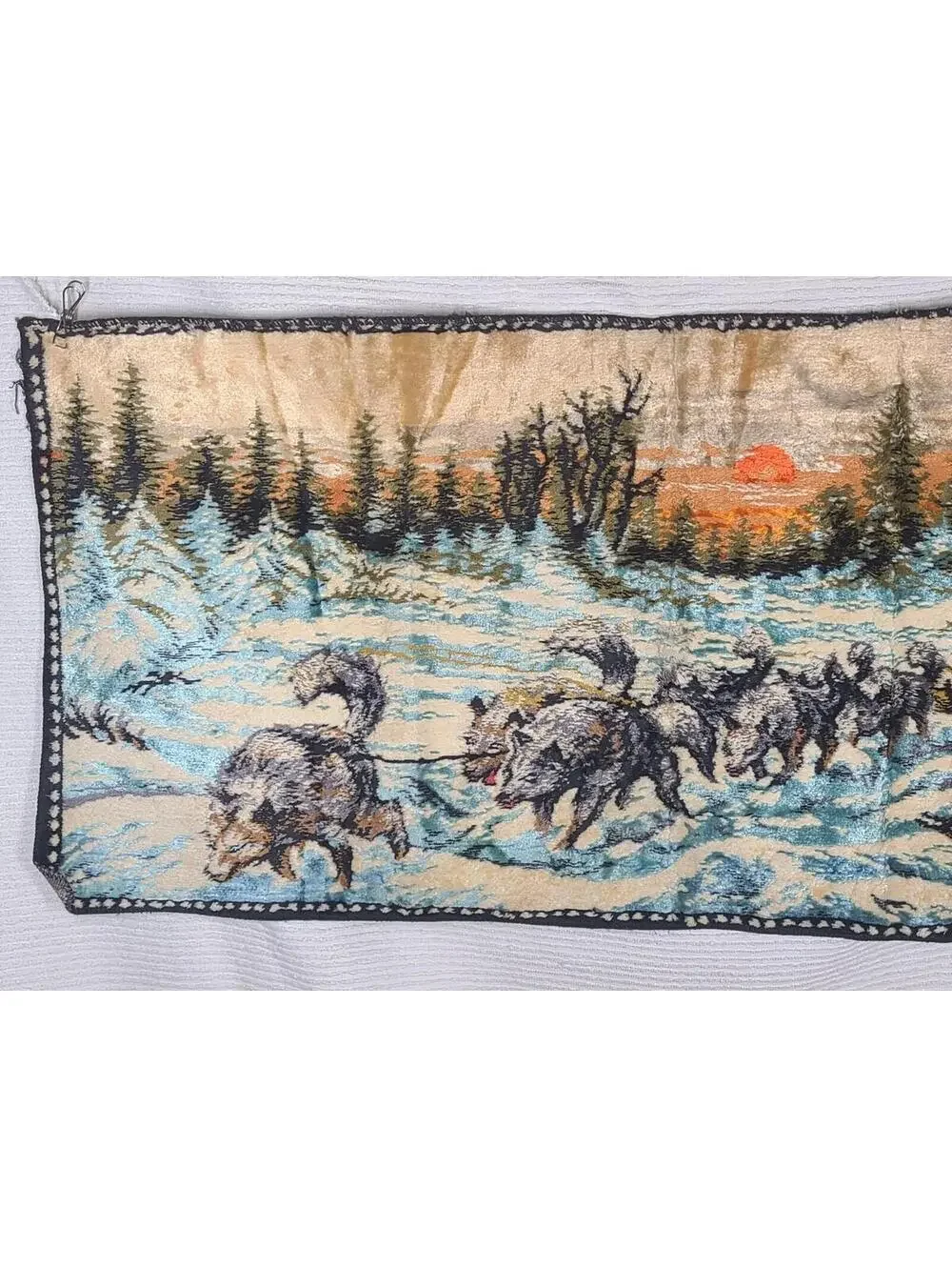 Vtg Velvet Tapestry Cotton Wall Art 41x20” Winter Sleigh Dogs Scene Retro